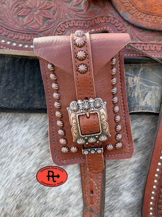 Medium Brown Leather Mini Saddle Bag with Large Copper Buckle for Phone, Keys, Roping Powder, etc