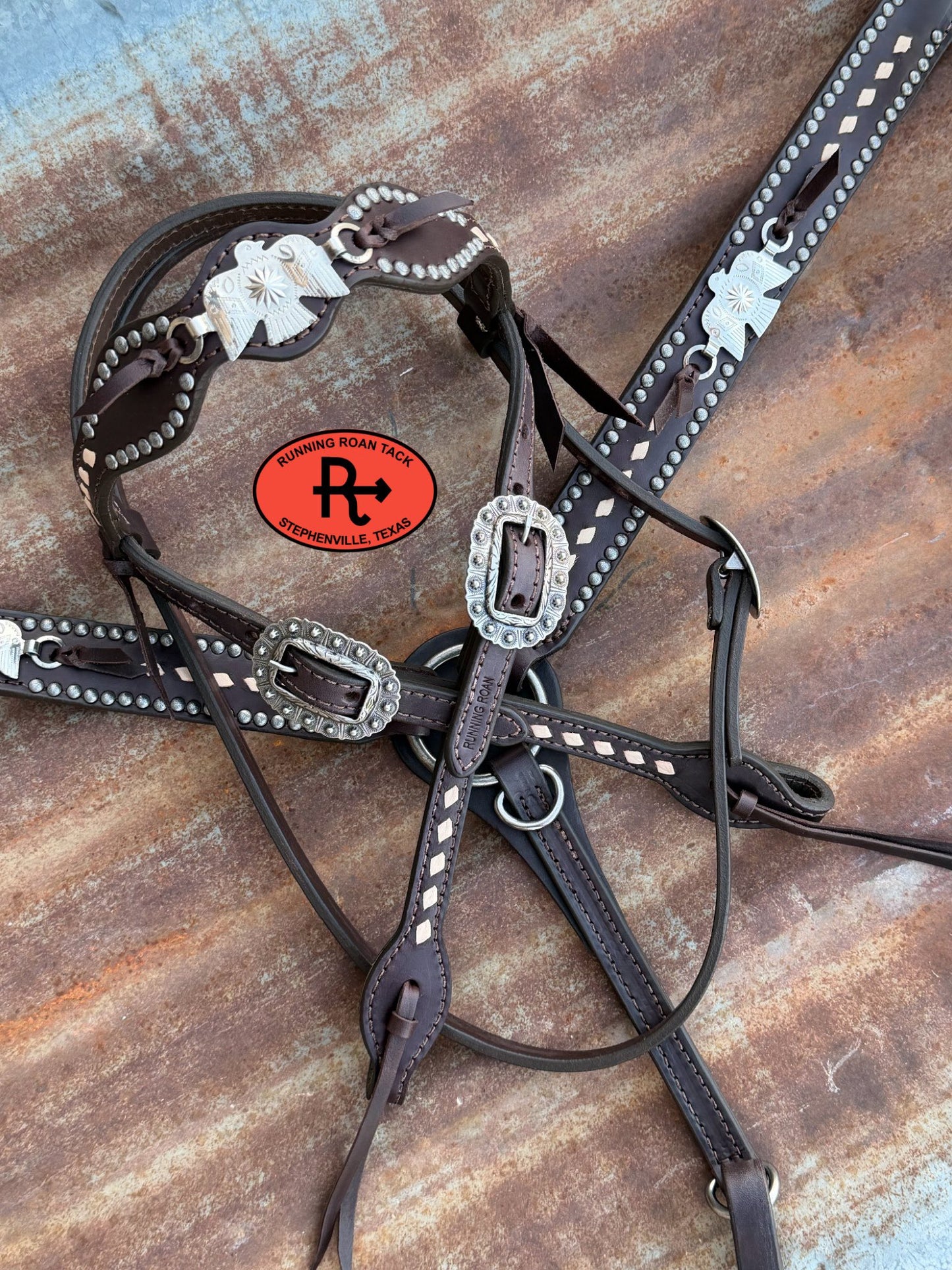 Tack Set with White Buckstitch and Vintage Thrifted Nickel Thunderbirds *Buy one piece or both pieces* Set03022026-04