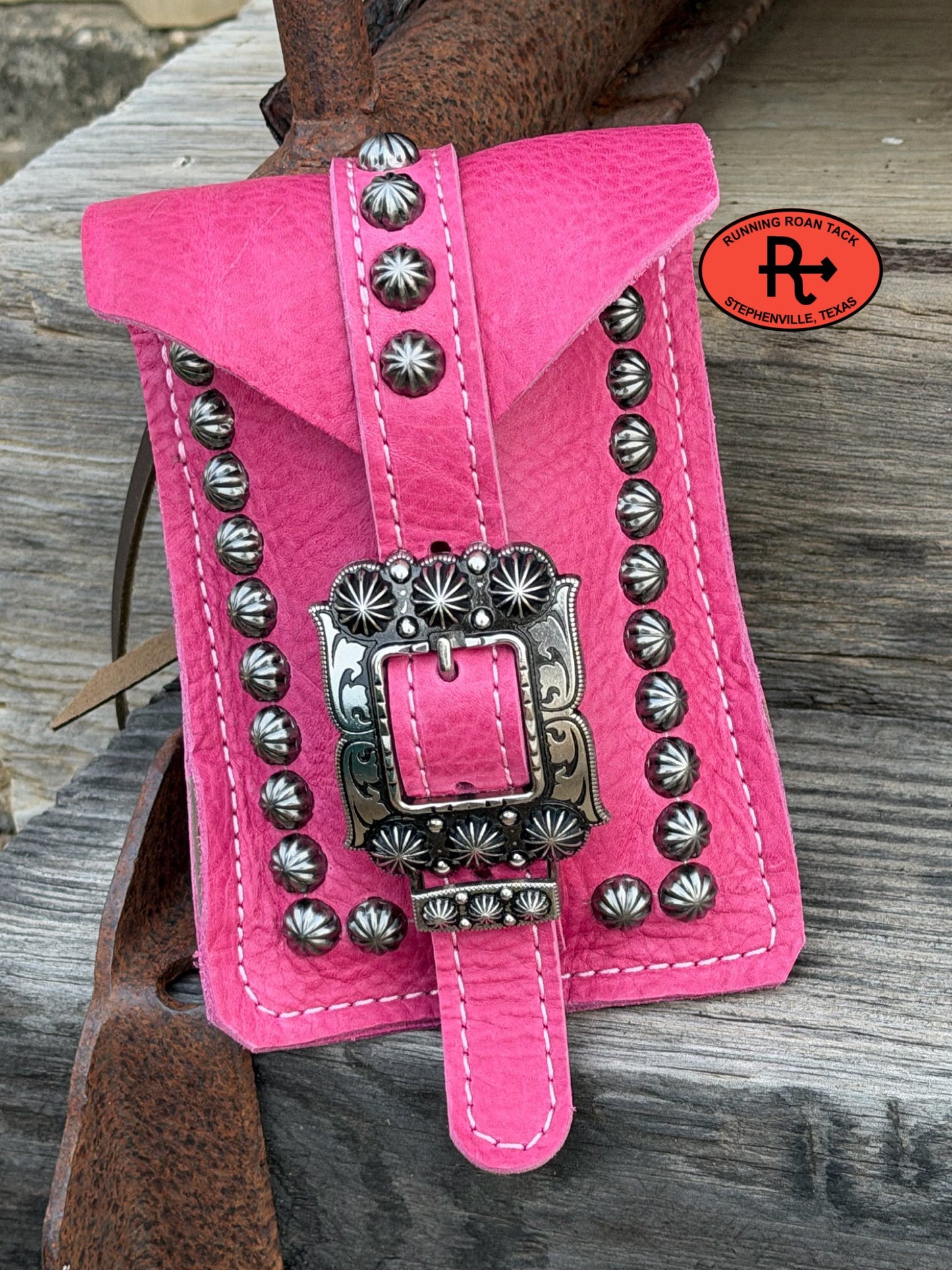 Pink Leather Mini Saddle Bag with Large Antique Silver Buckle for Phone, Keys, Roping Powder, etc