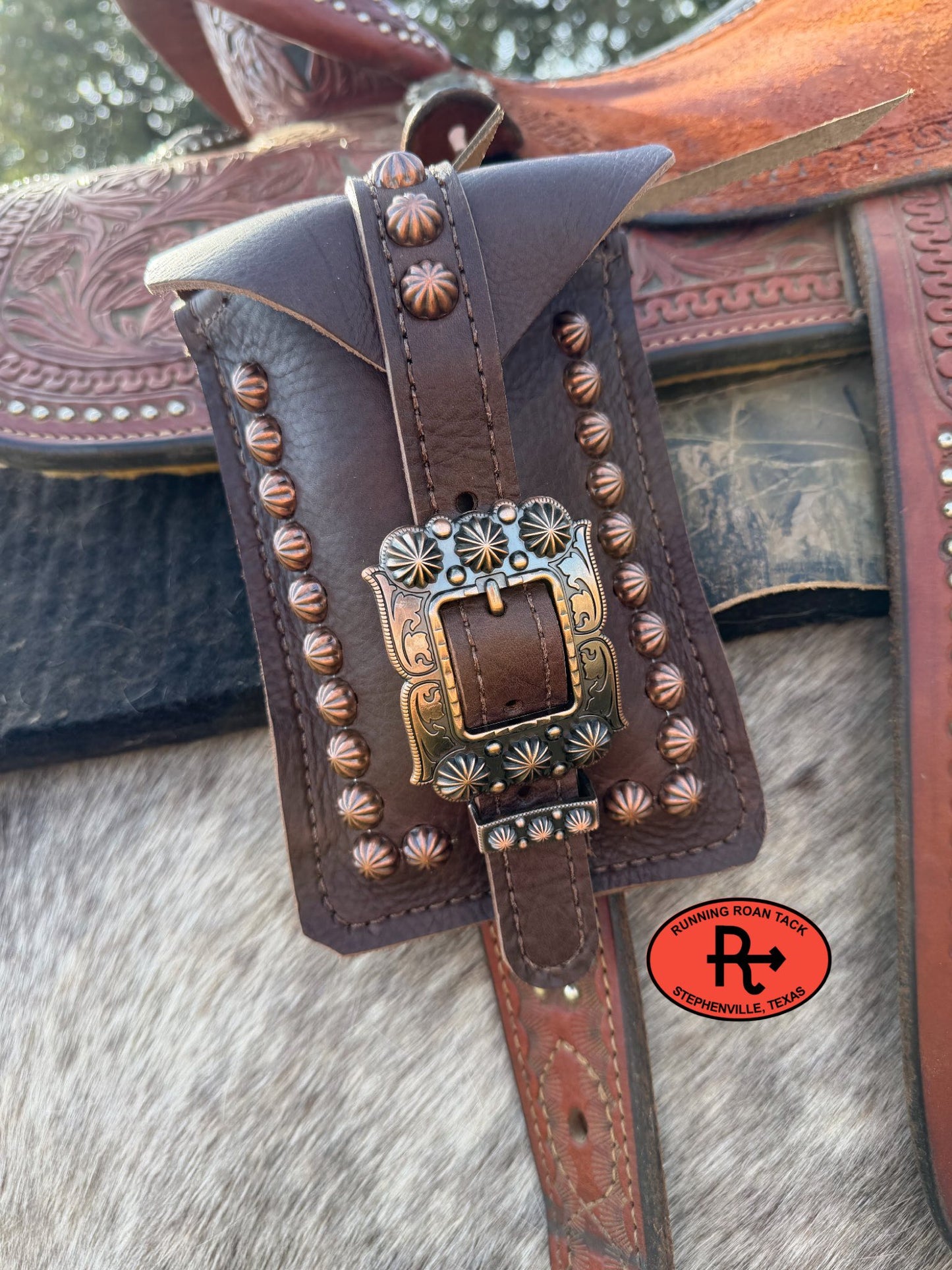 Chocolate Leather Mini Saddle Bag with Large Copper Buckle for Phone, Keys, Roping Powder, etc