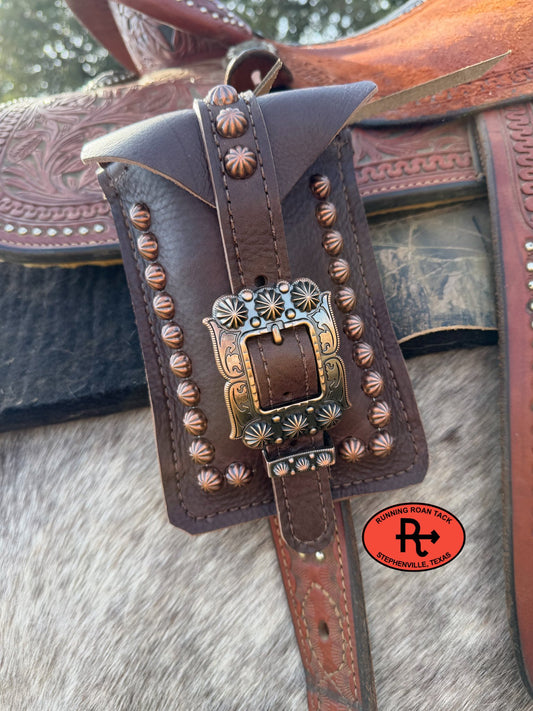 Chocolate Leather Mini Saddle Bag with Large Copper Buckle for Phone, Keys, Roping Powder, etc
