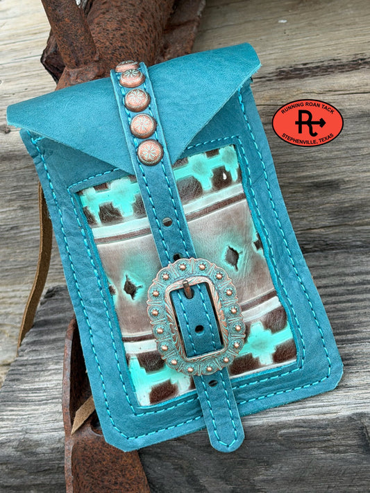 Turquoise Leather Mini Saddle Bag with Mint Aztec Inlay and Copper Patina Buckle for Phone, Keys, Roping Powder, etc Minibag03022026-13