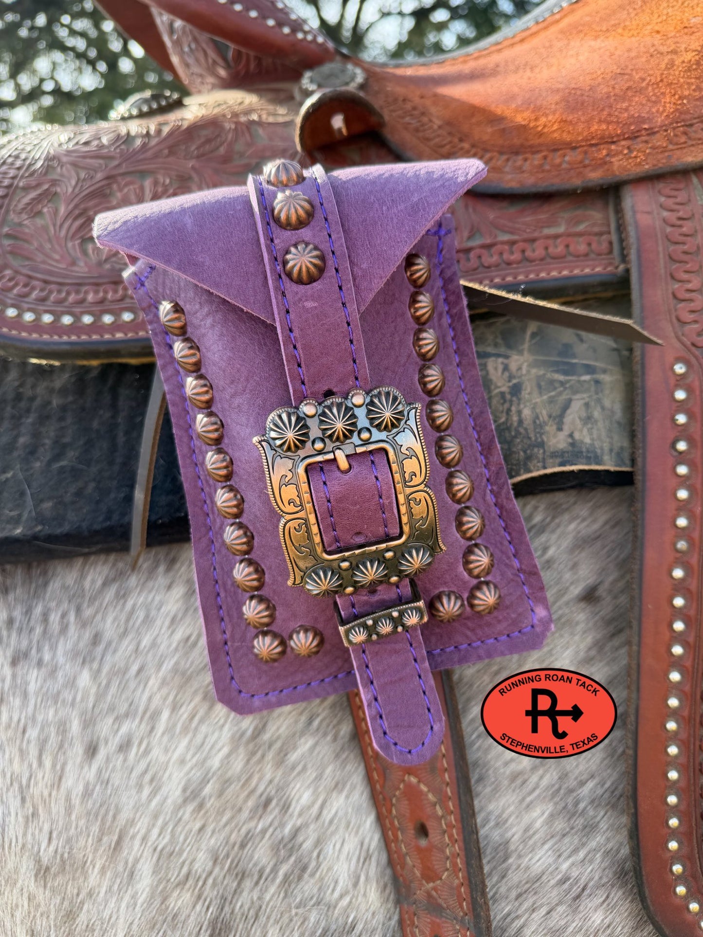 Purple Leather Mini Saddle Bag with Copper Buckle for Phone, Keys, Roping Powder, etc