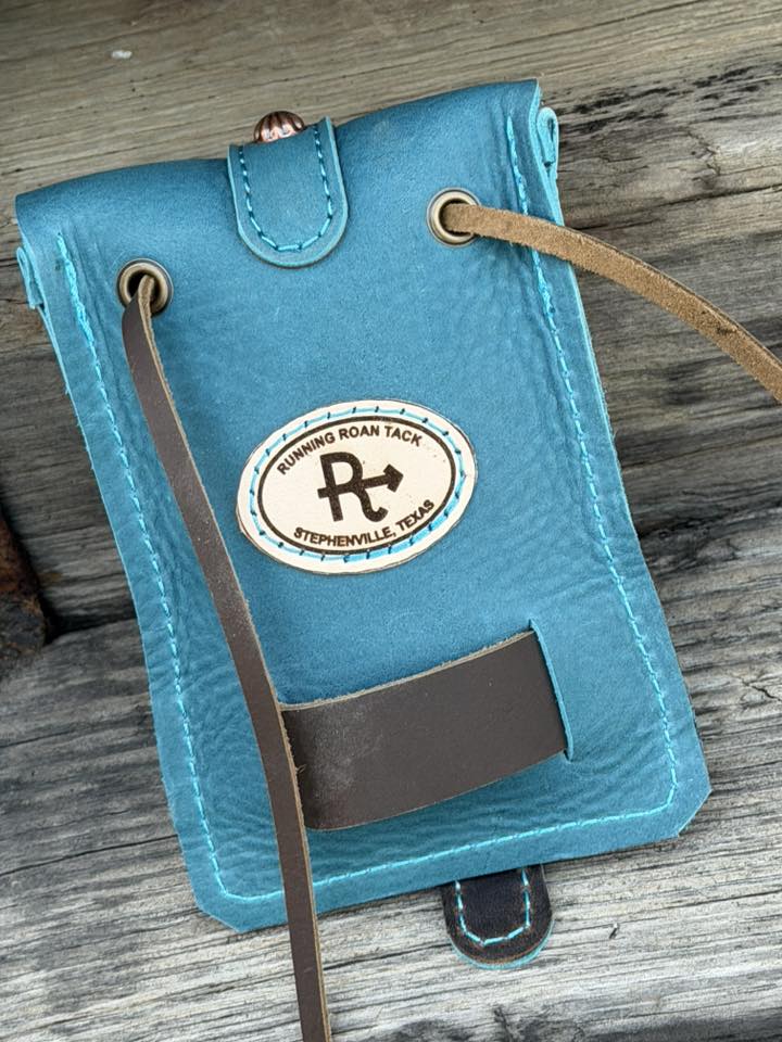 Turquoise Leather Mini Saddle Bag with Large Copper Buckle for Phone, Keys, Roping Powder, etc