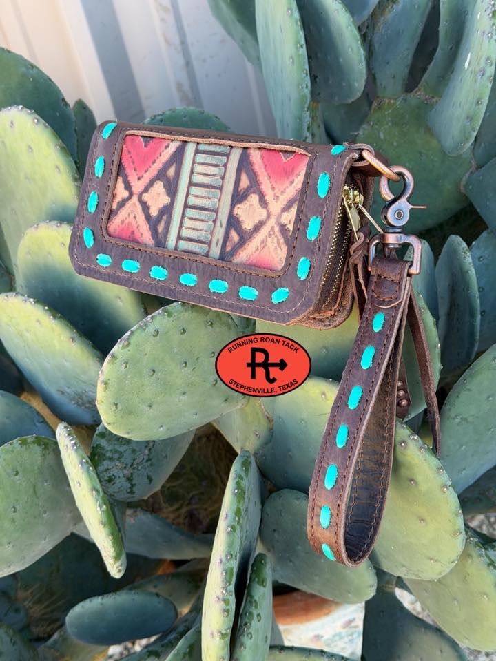 "The Pecos" Double Zip Wallet Wristlet Organizer Clutch with Red Aztec and Mint Pop Stitch Pecos03022026-04