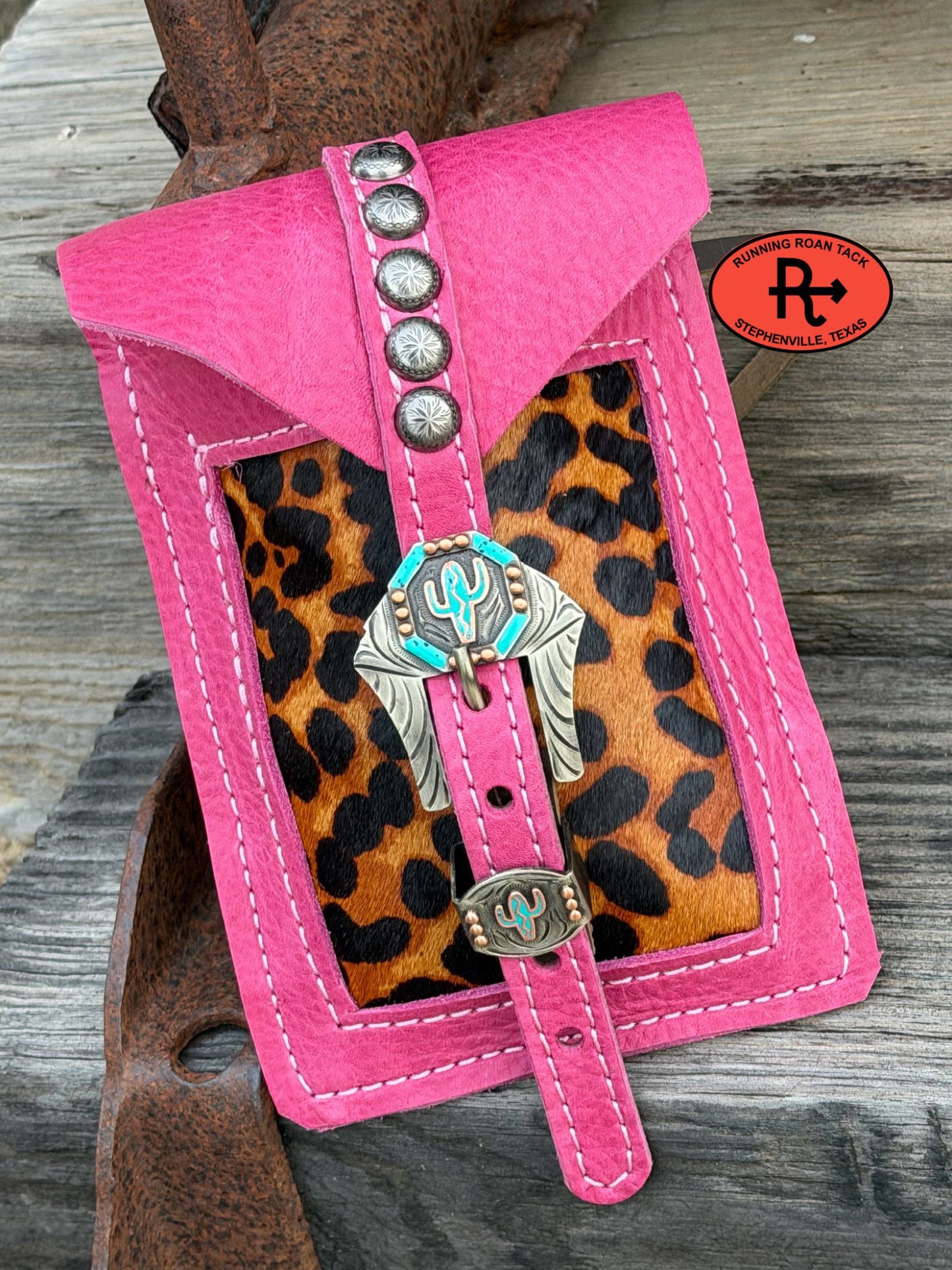 Pink Leather Mini Saddle Bag with Leopard Cowhide Inlay and German Silver Buckle for Phone, Keys, Roping Powder, etc Minibag03022026-08