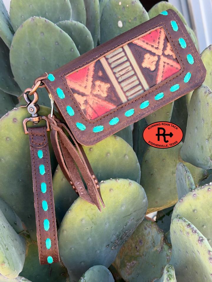 "The Pecos" Double Zip Wallet Wristlet Organizer Clutch with Red Aztec and Mint Pop Stitch Pecos03022026-04