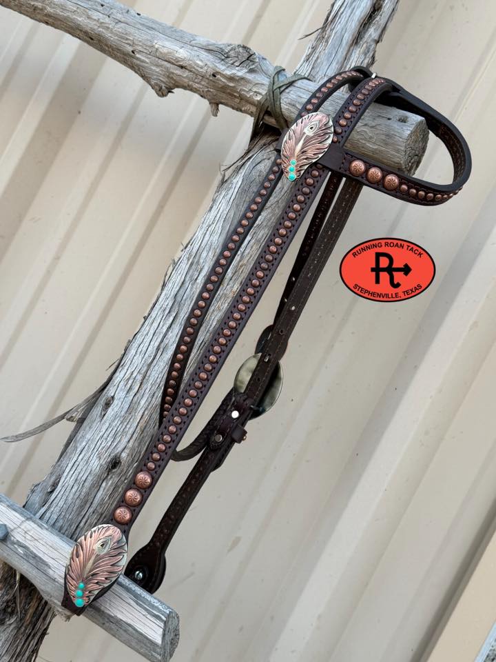 Single Ear Headstall with Throatlatch, Peacock Feather Hardware and Copper Dots 39"-43" Headstall03022026-01