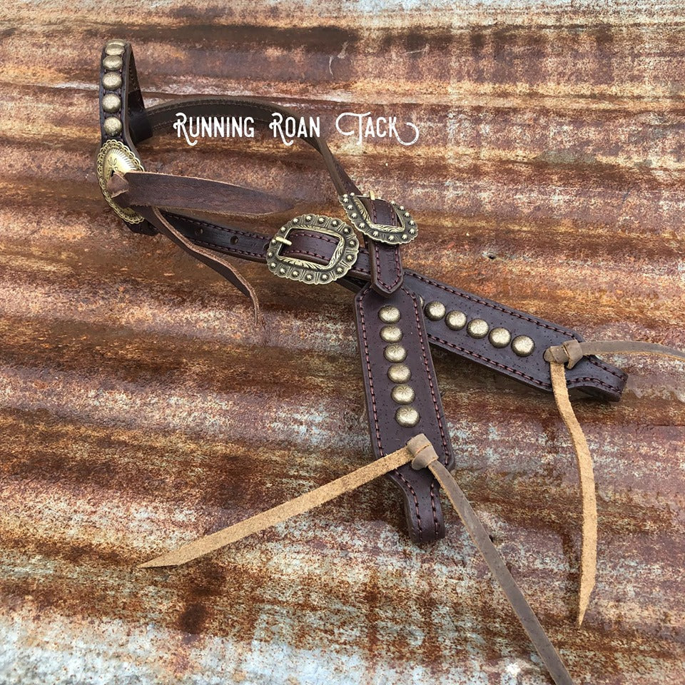 Single Ear Short Cheek Headstall with Punchy Slotted Mesa Conchos in Your Choice of Finish