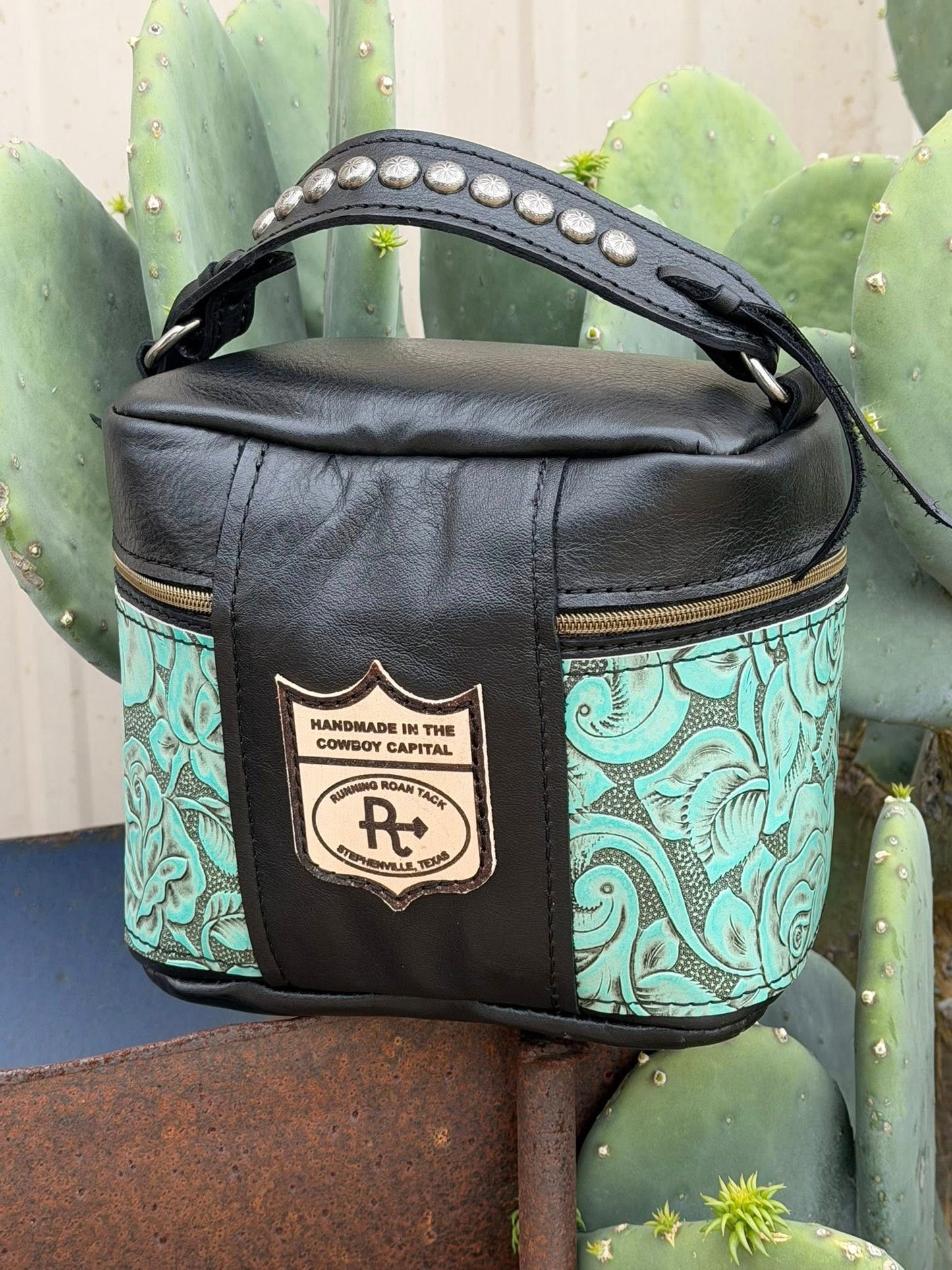 Train Case in Black Leather with Sky Blue Roses Embossed Leather for Makeup, Toiletries, etc