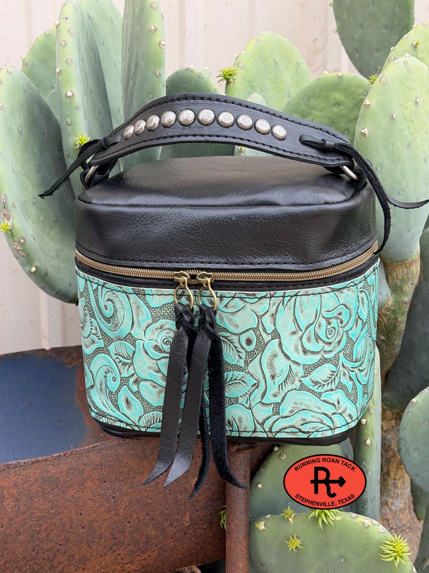 Train Case in Black Leather with Sky Blue Roses Embossed Leather for Makeup, Toiletries, etc
