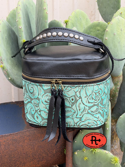 Train Case in Black Leather with Sky Blue Roses Embossed Leather for Makeup, Toiletries, etc