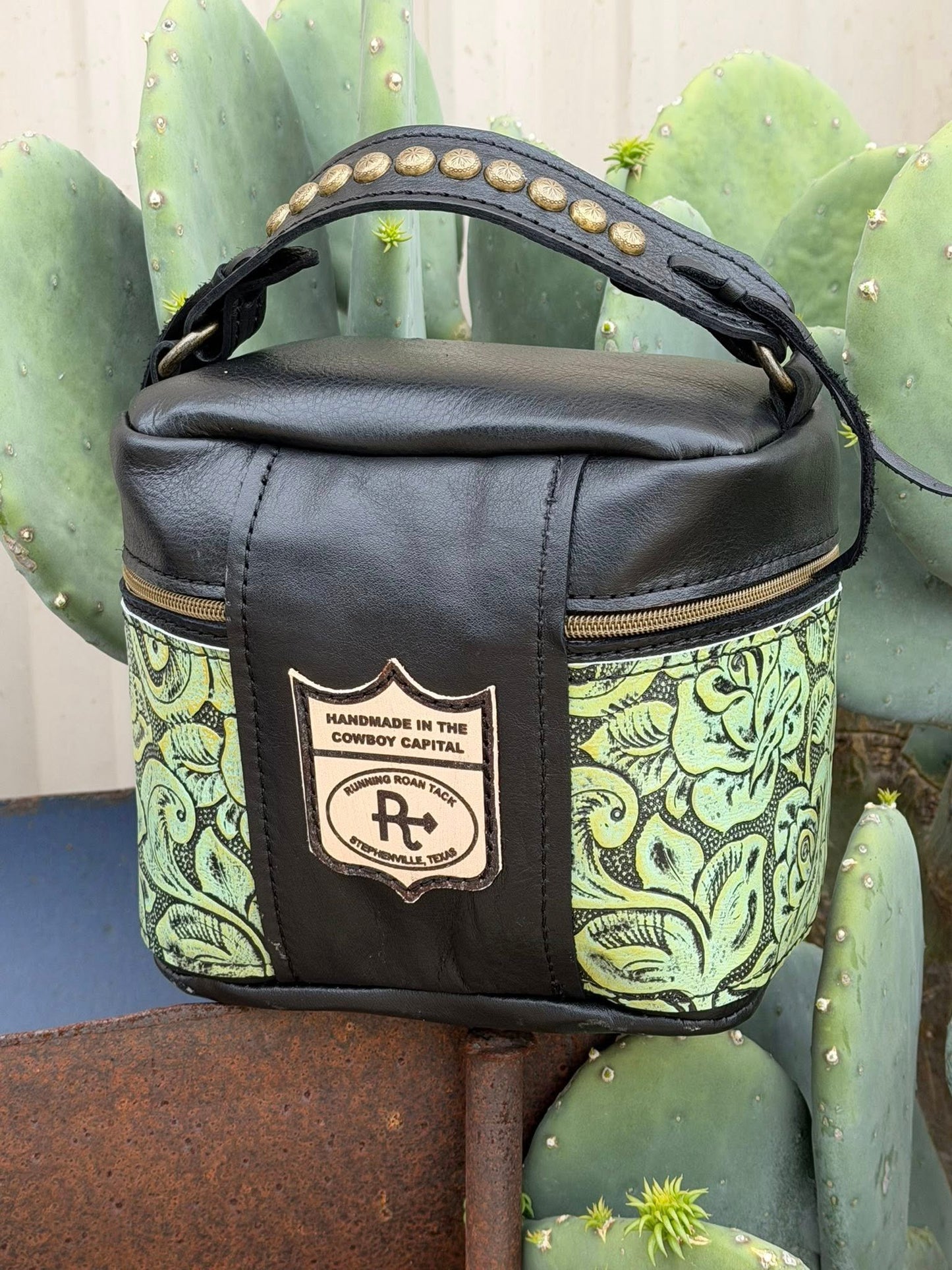 Train Case in Black Leather with Seafoam Roses Embossed Leather for Makeup, Toiletries, etc