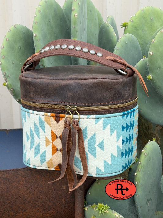 Brown Leather with Rancho Arroyo Aqua Wool Train Case for Makeup, Toiletries, etc