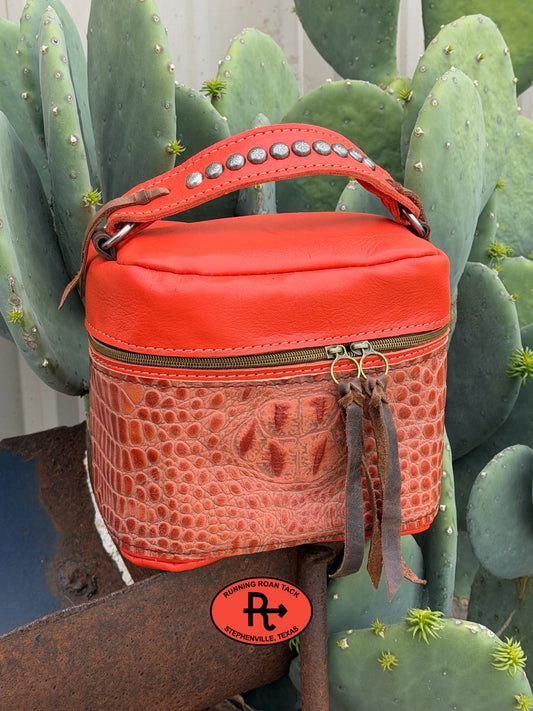 Train Case in Orange Leather with Orange Croc Embossed Leather for Makeup, Toiletries, etc