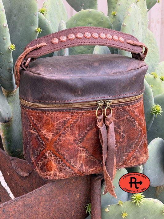 Train Case in Brown Leather with Chestnut Southwest Embossed Leather for Makeup, Toiletries, etc