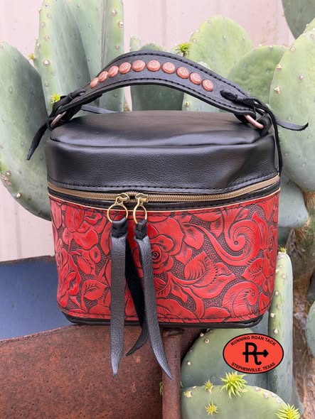 Train Case in Black Leather with Scarlet Red Roses Embossed Leather for Makeup, Toiletries, etc