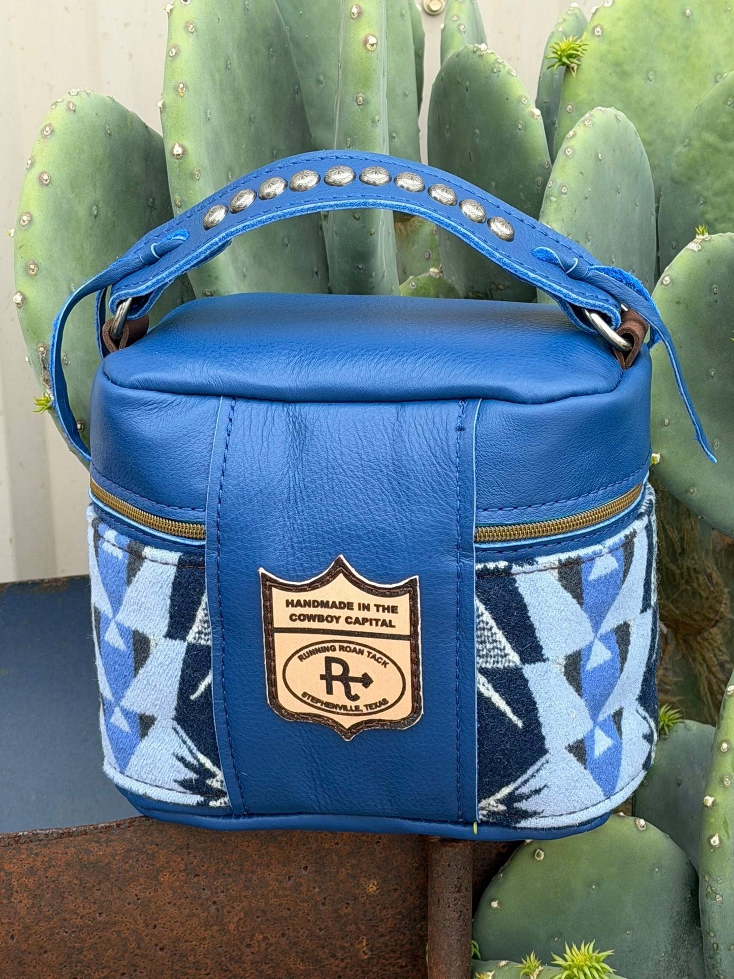 Royal Blue Leather with Trailhead Blue Wool Train Case for Makeup, Toiletries, etc