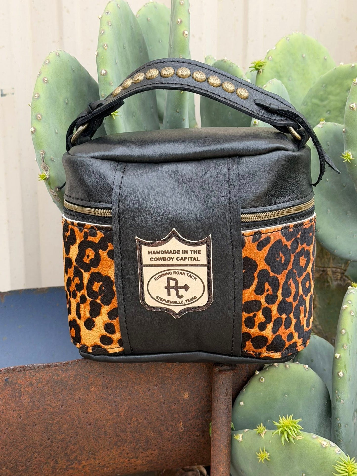 Train Case in Black Leather with Leopard Print Hair on Cowhide for Makeup, Toiletries, etc