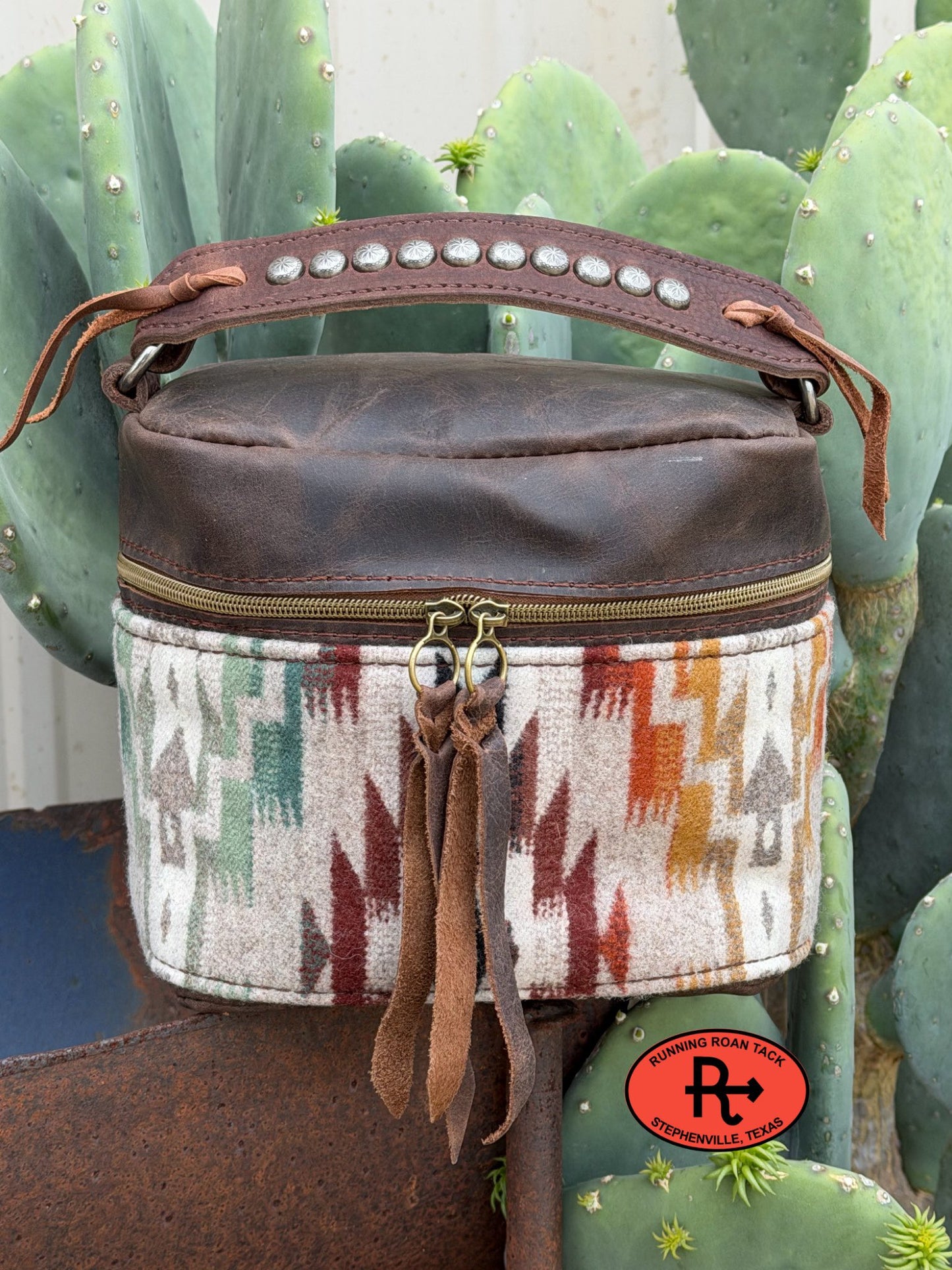 Brown Leather with Mesilla Wool Train Case for Makeup, Toiletries, etc
