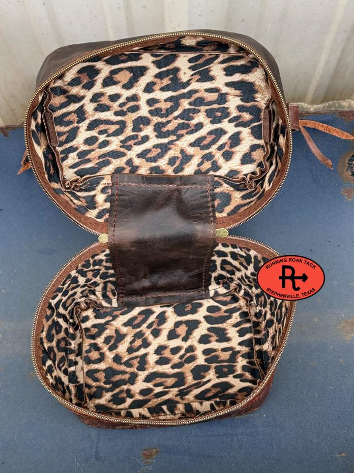 Brown Leather with Mesilla Wool Train Case for Makeup, Toiletries, etc