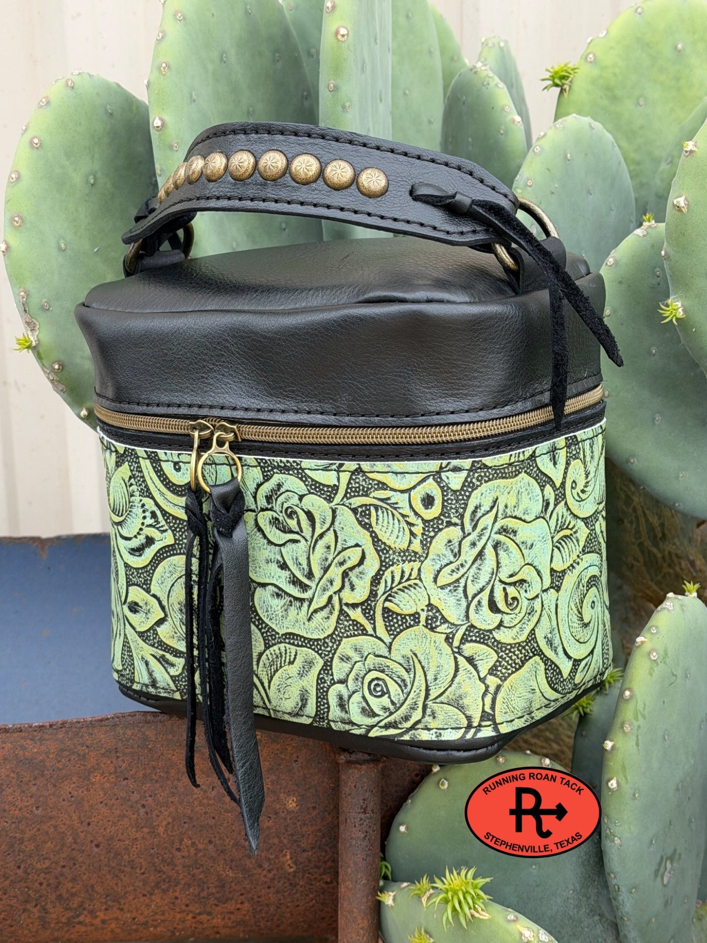 Train Case in Black Leather with Seafoam Roses Embossed Leather for Makeup, Toiletries, etc