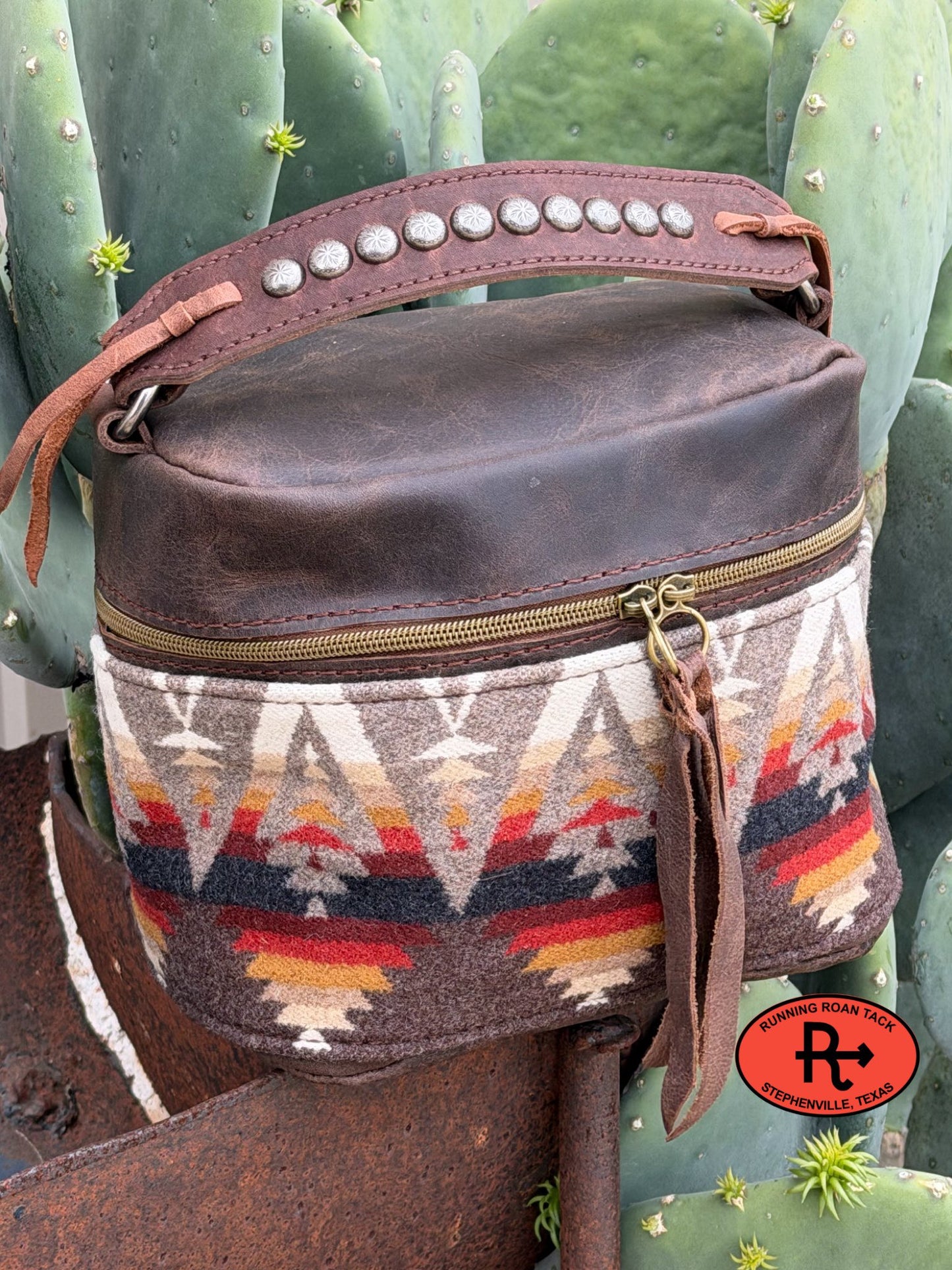 Brown Leather with Pacific Crest Wool Train Case for Makeup, Toiletries, etc
