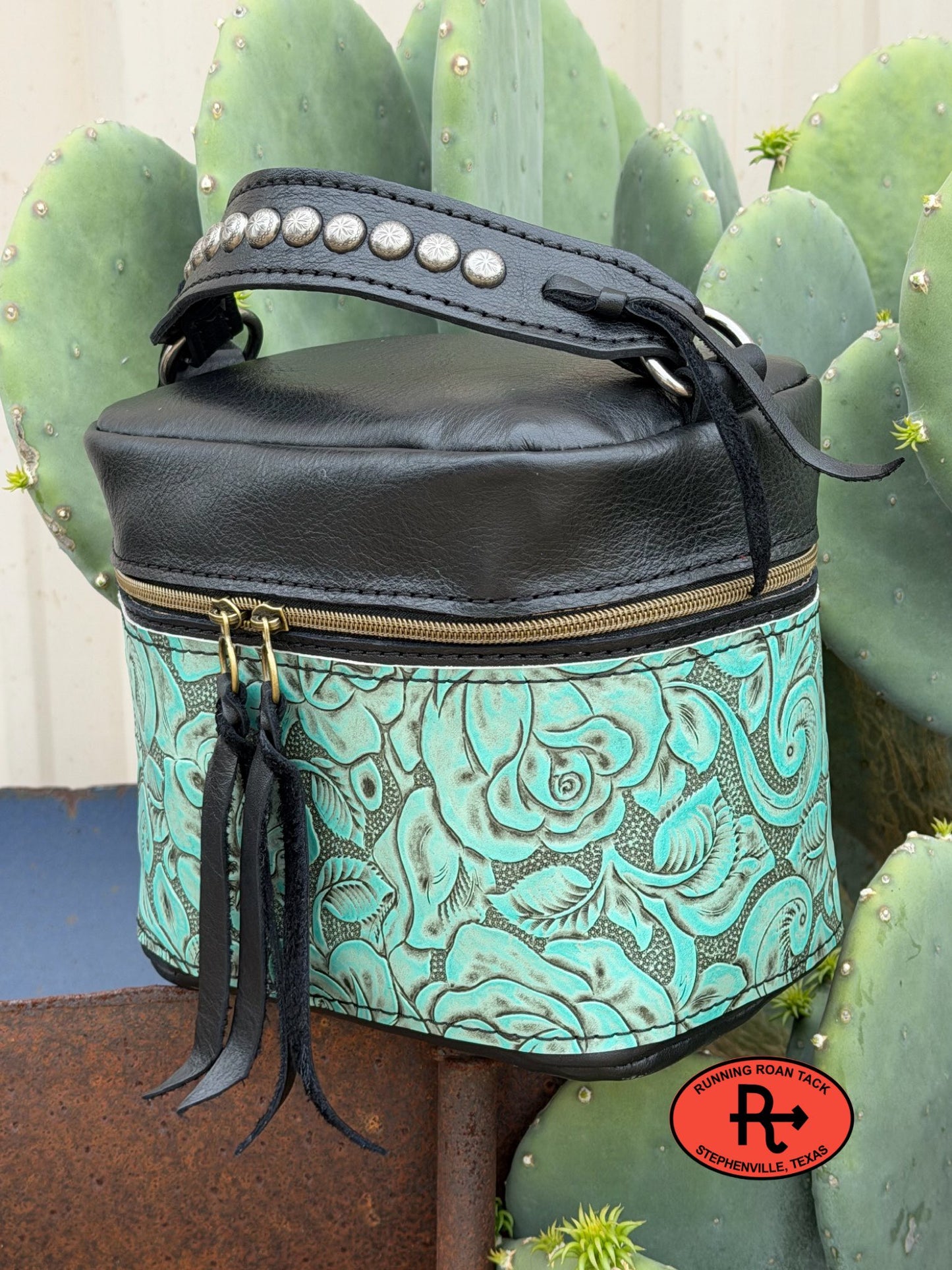 Train Case in Black Leather with Sky Blue Roses Embossed Leather for Makeup, Toiletries, etc