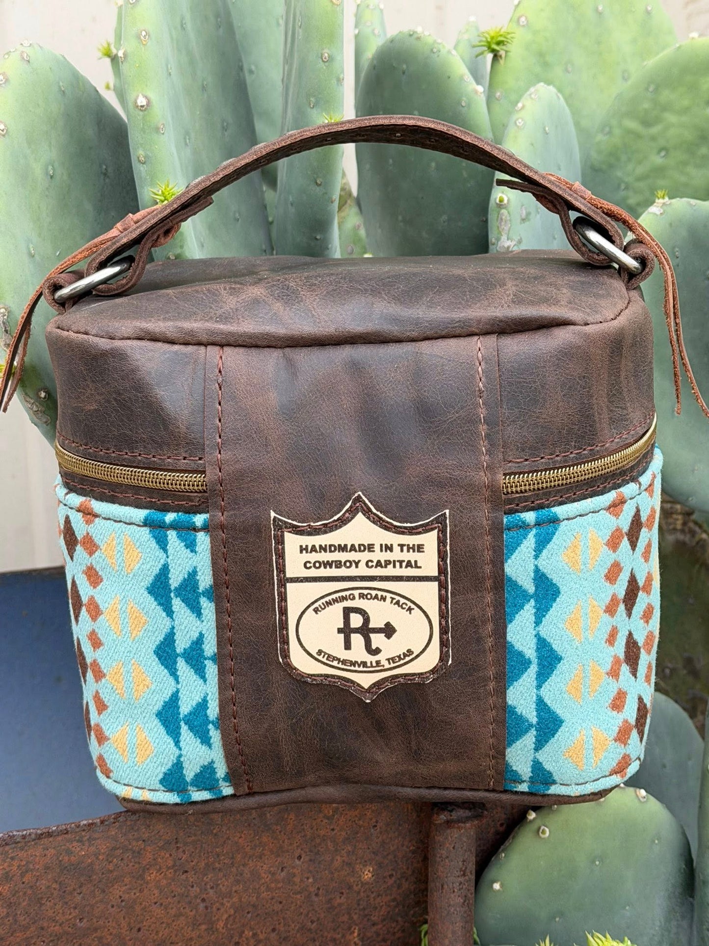 Brown Leather with Rancho Arroyo Aqua Wool Train Case for Makeup, Toiletries, etc