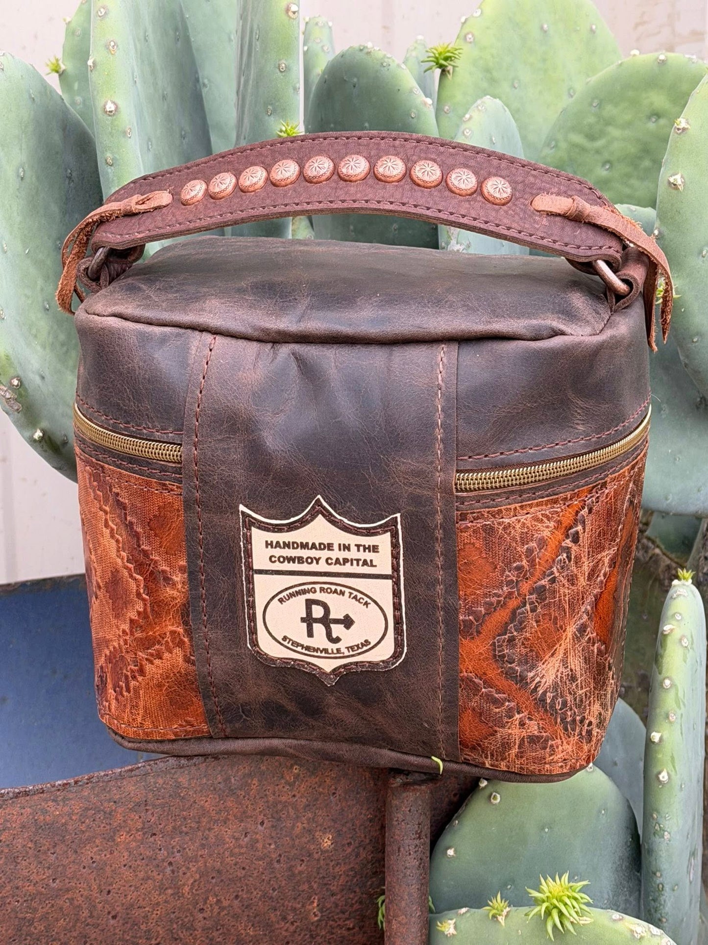 Train Case in Brown Leather with Chestnut Southwest Embossed Leather for Makeup, Toiletries, etc