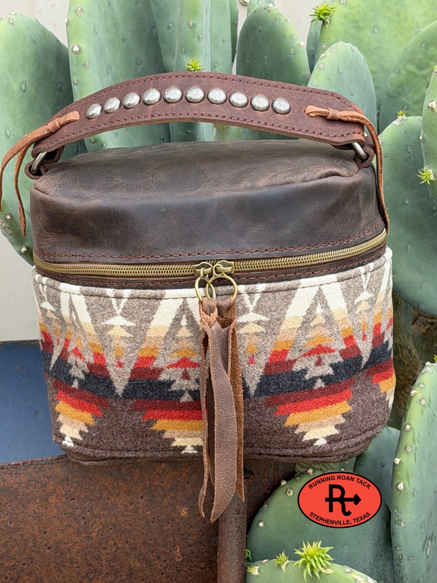Brown Leather with Pacific Crest Wool Train Case for Makeup, Toiletries, etc
