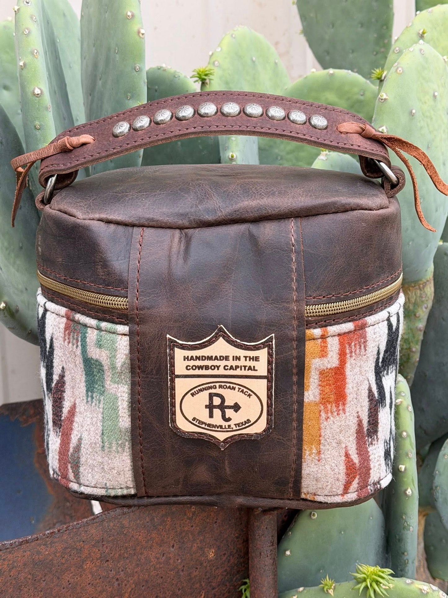 Brown Leather with Mesilla Wool Train Case for Makeup, Toiletries, etc