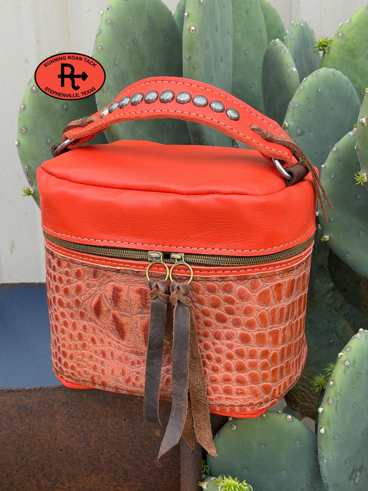 Train Case in Orange Leather with Orange Croc Embossed Leather for Makeup, Toiletries, etc