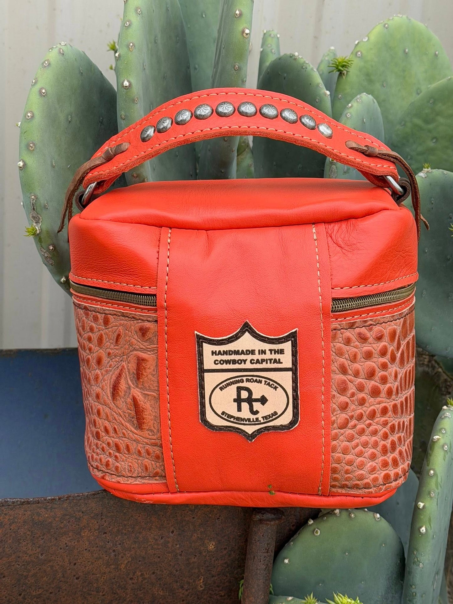 Train Case in Orange Leather with Orange Croc Embossed Leather for Makeup, Toiletries, etc