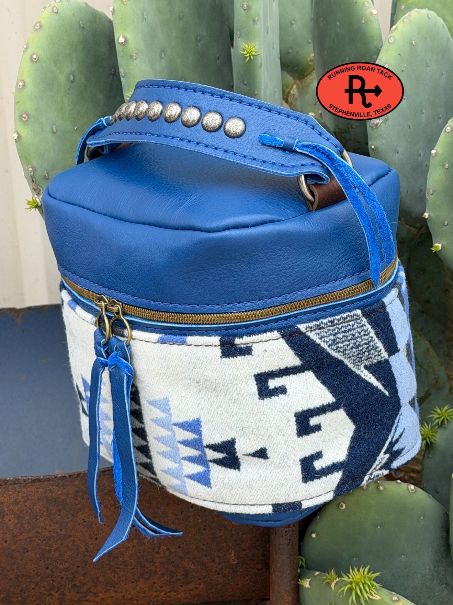 Royal Blue Leather with Trailhead Blue Wool Train Case for Makeup, Toiletries, etc