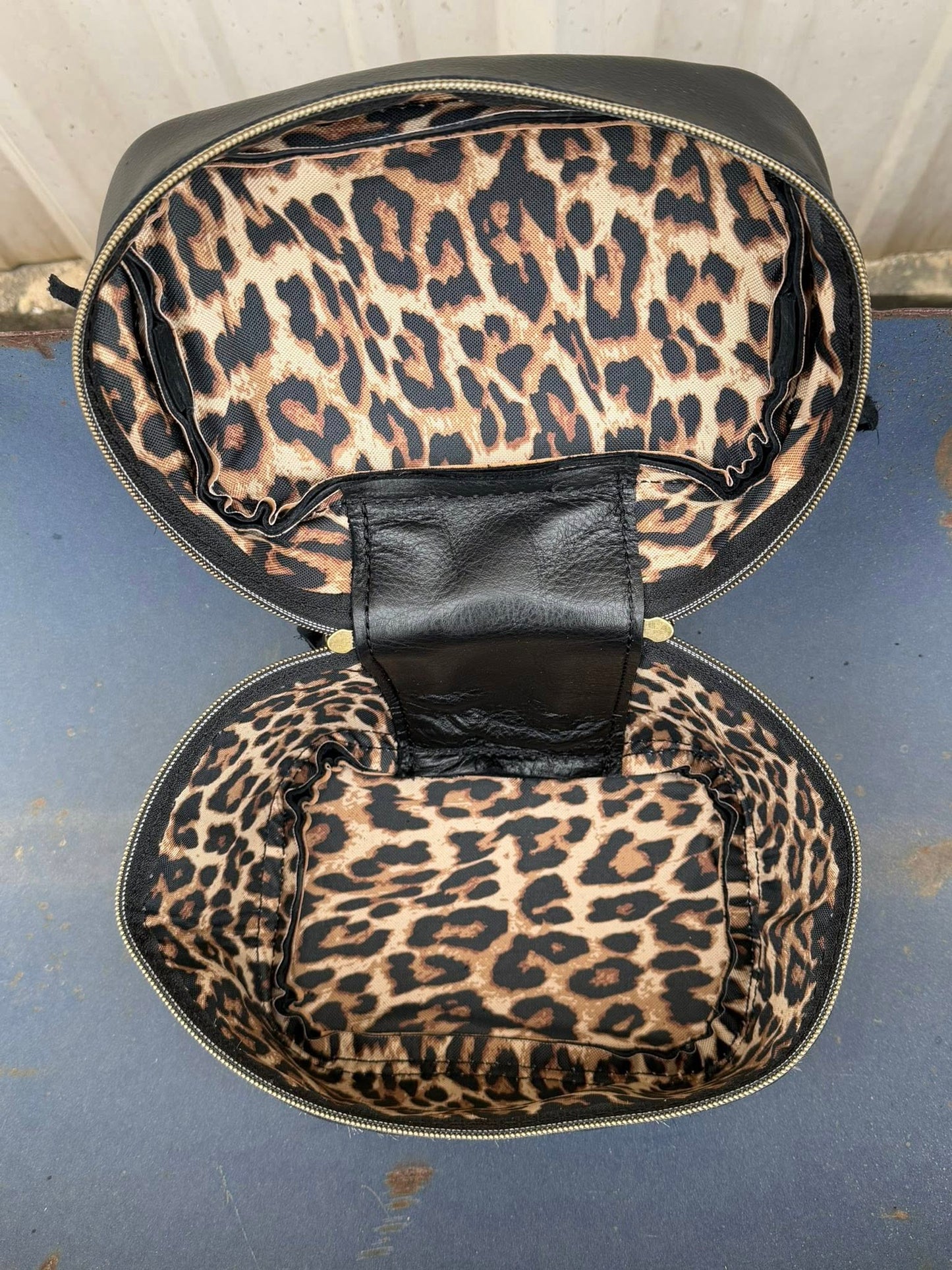 Train Case in Black Leather with Leopard Print Hair on Cowhide for Makeup, Toiletries, etc