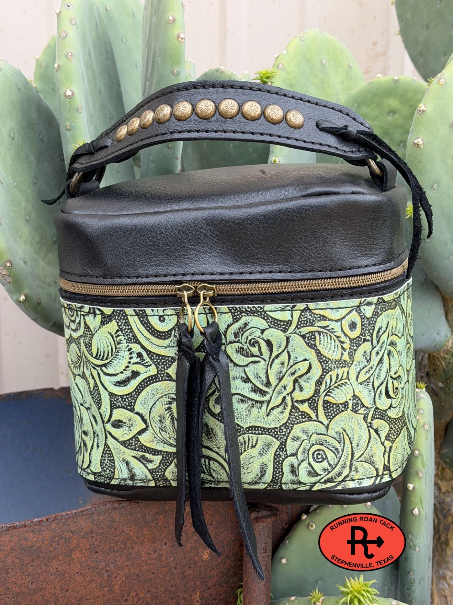 Train Case in Black Leather with Seafoam Roses Embossed Leather for Makeup, Toiletries, etc