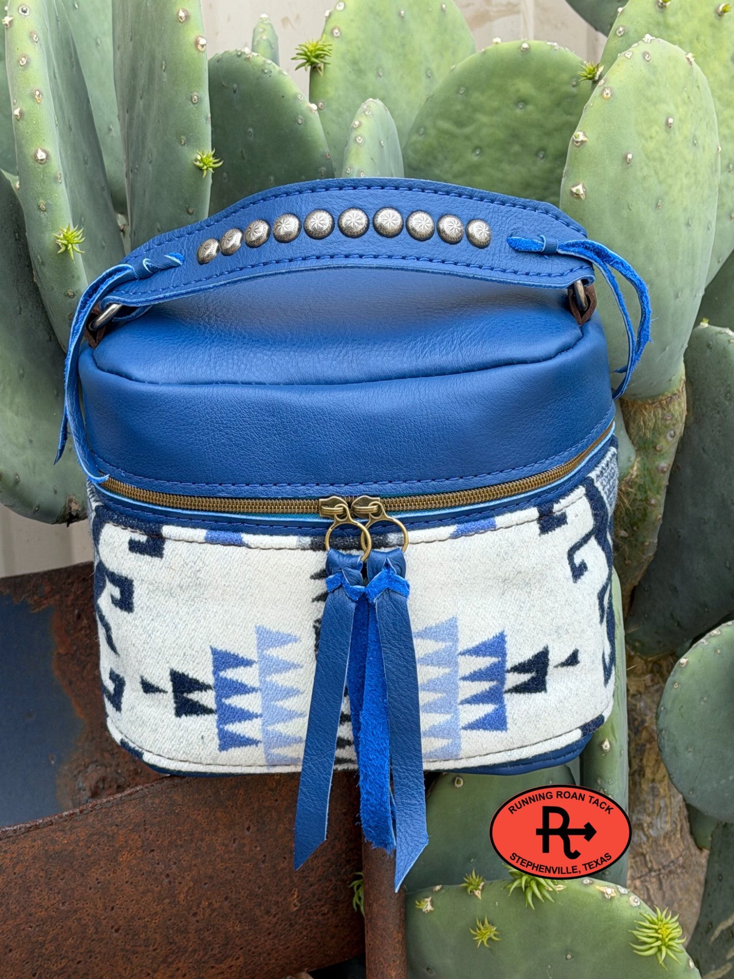 Royal Blue Leather with Trailhead Blue Wool Train Case for Makeup, Toiletries, etc