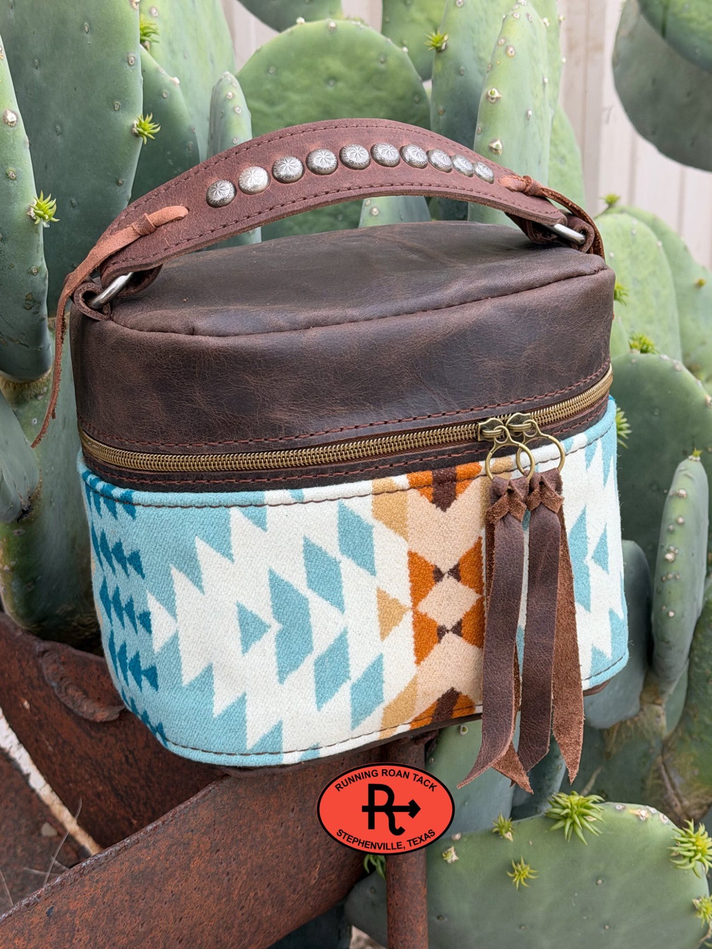 Brown Leather with Rancho Arroyo Aqua Wool Train Case for Makeup, Toiletries, etc