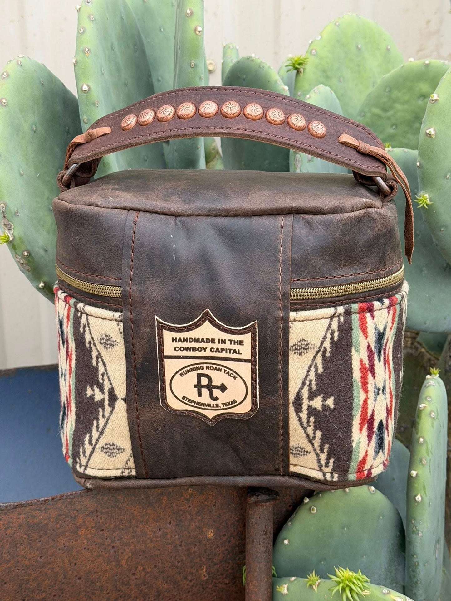 Brown Leather with Spirit of the People Wool Train Case for Makeup, Toiletries, etc
