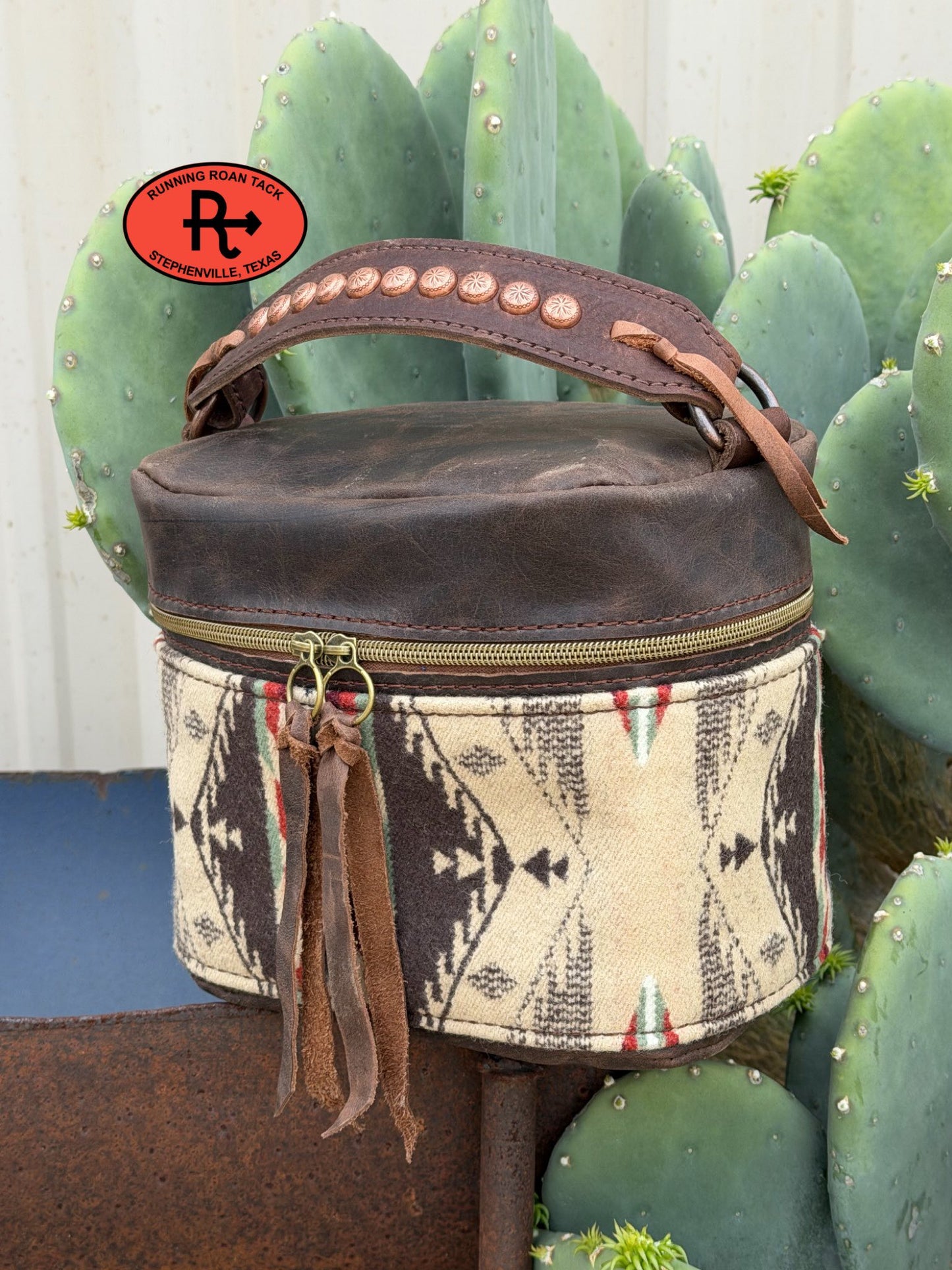 Brown Leather with Spirit of the People Wool Train Case for Makeup, Toiletries, etc