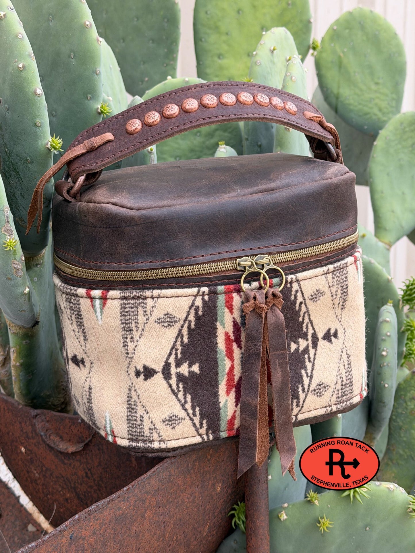 Brown Leather with Spirit of the People Wool Train Case for Makeup, Toiletries, etc