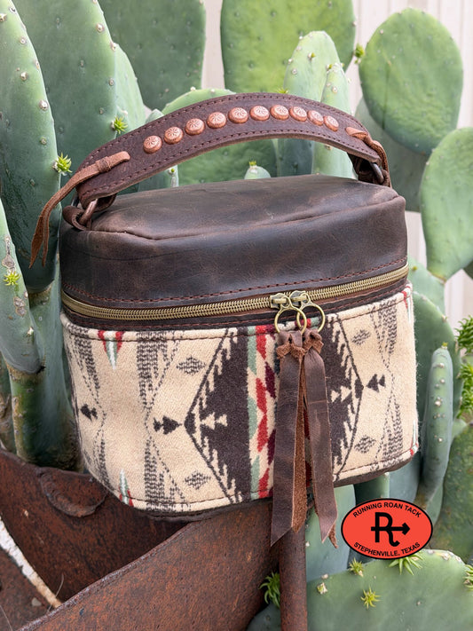 Brown Leather with Spirit of the People Wool Train Case for Makeup, Toiletries, etc