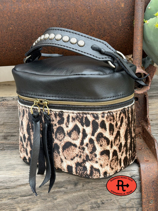 Train Case in Black Leather with Snow Leopard Print Hair on Cowhide for Makeup, Toiletries, etc
