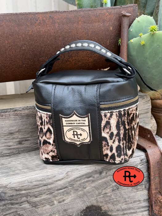 Train Case in Black Leather with Snow Leopard Print Hair on Cowhide for Makeup, Toiletries, etc