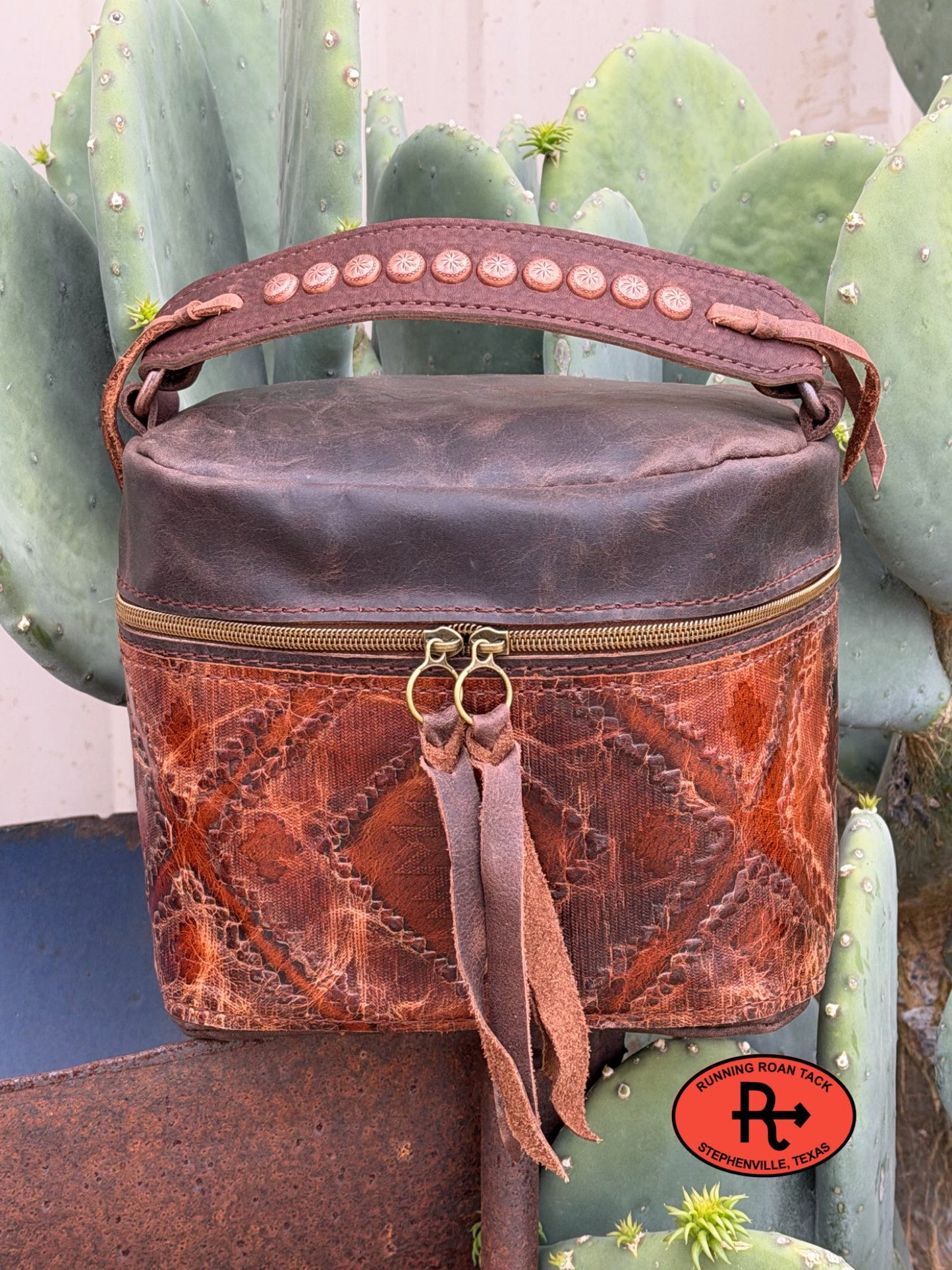 Train Case in Brown Leather with Chestnut Southwest Embossed Leather for Makeup, Toiletries, etc