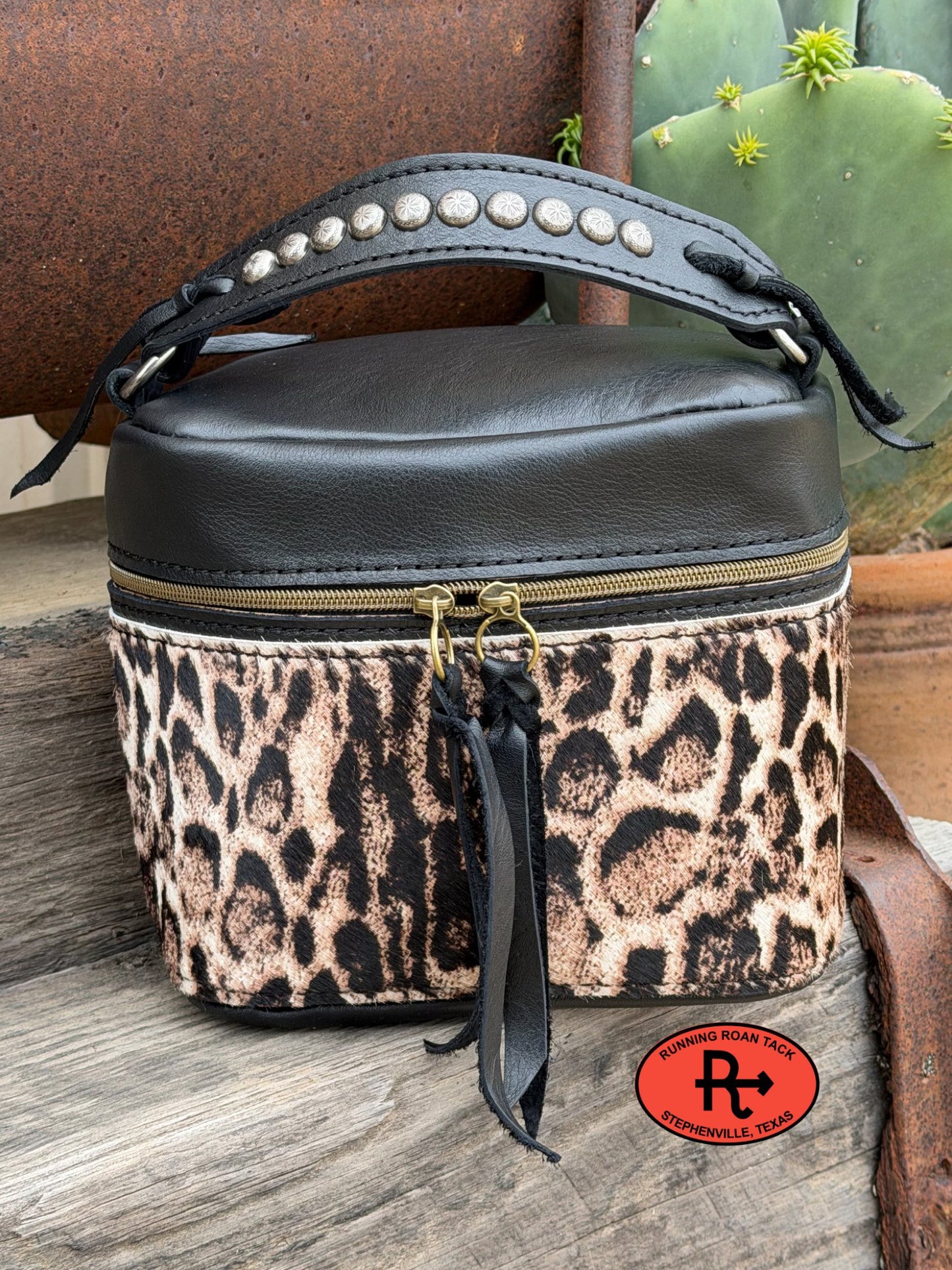 Train Case in Black Leather with Snow Leopard Print Hair on Cowhide for Makeup, Toiletries, etc