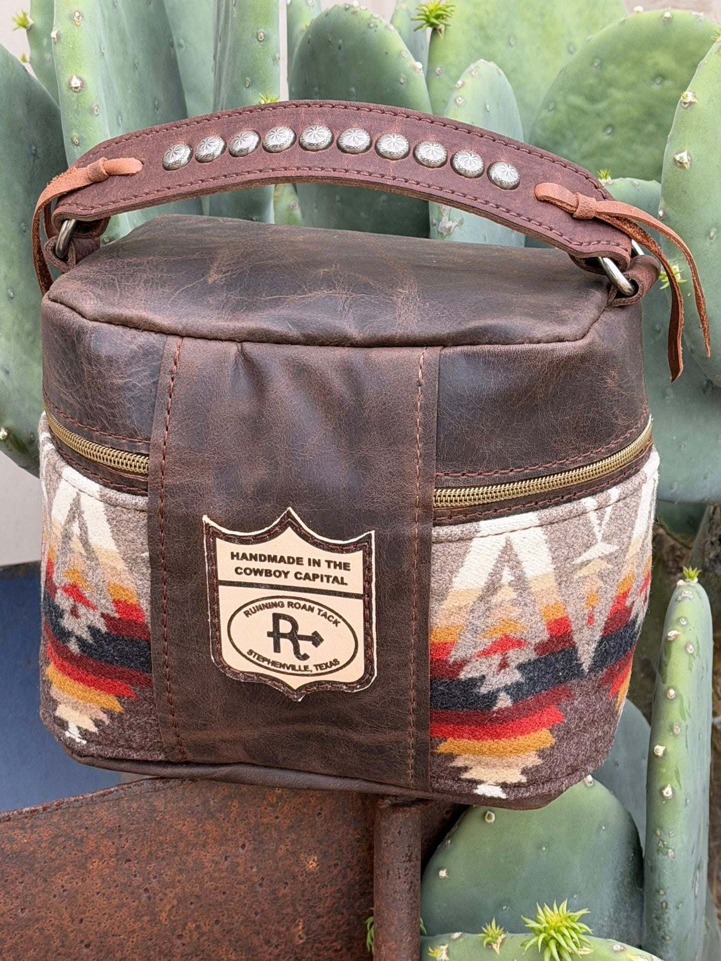 Brown Leather with Pacific Crest Wool Train Case for Makeup, Toiletries, etc