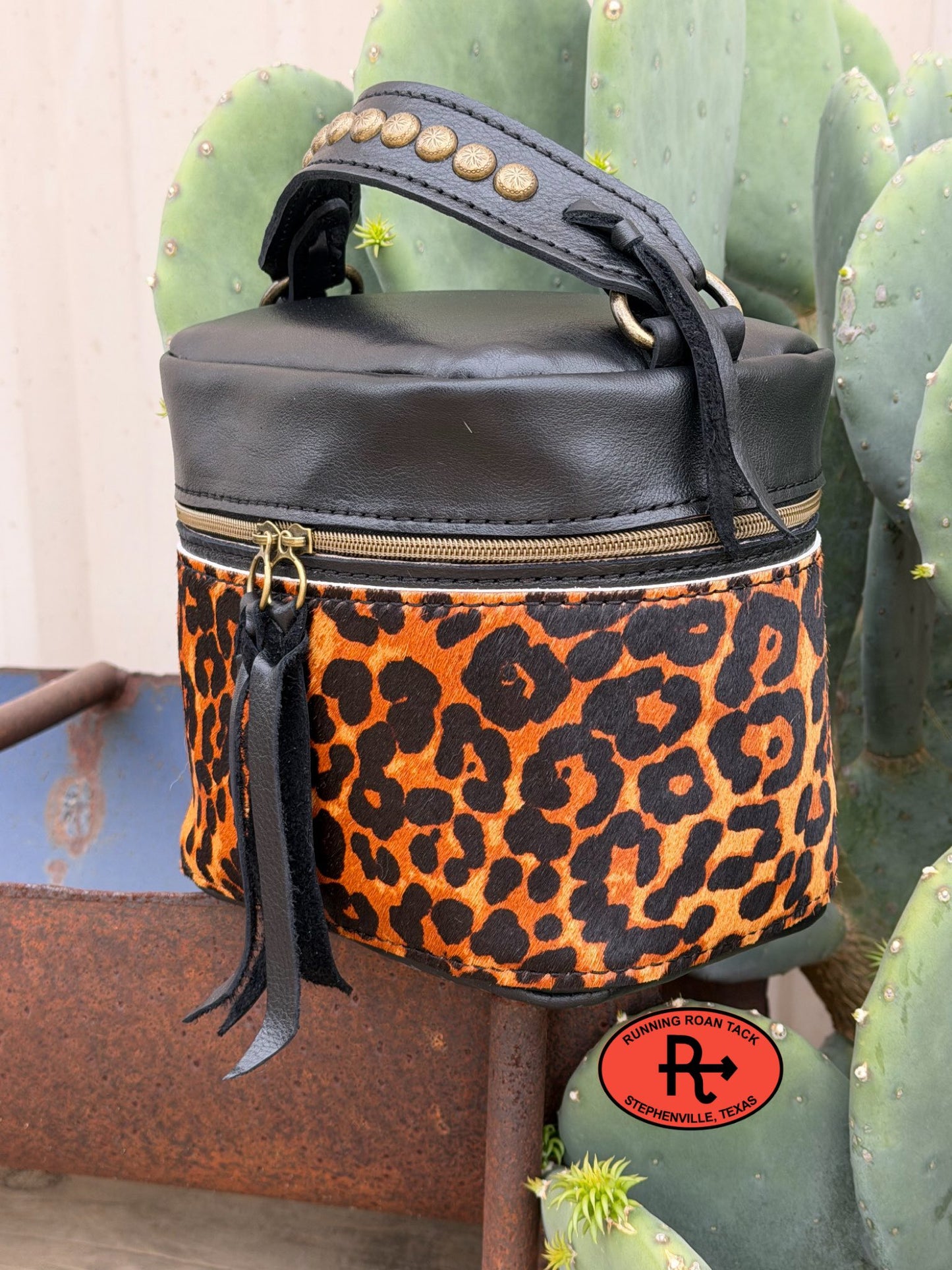 Train Case in Black Leather with Leopard Print Hair on Cowhide for Makeup, Toiletries, etc