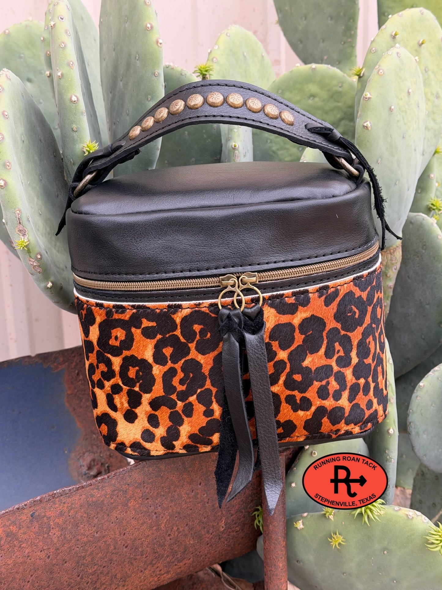 Train Case in Black Leather with Leopard Print Hair on Cowhide for Makeup, Toiletries, etc